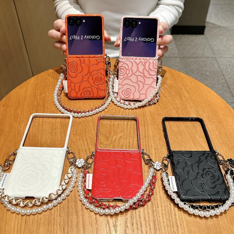For Samsung Galaxy Z Flip7 5G Side Buckle Embossed Camellia Phone Case with Bracelet