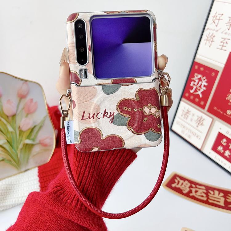 For Huawei Pura X Silver Frame Side Buckle Oil Painting Flower Magnetic Phone Case with Strap - Red
