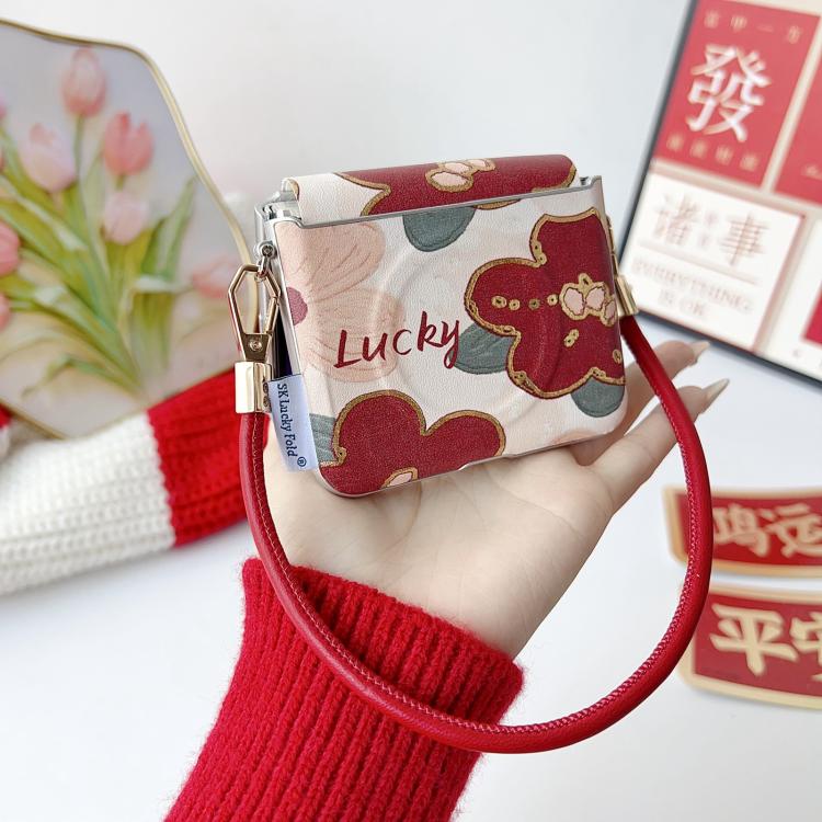 For Huawei Pura X Silver Frame Side Buckle Oil Painting Flower Magnetic Phone Case with Strap - Red