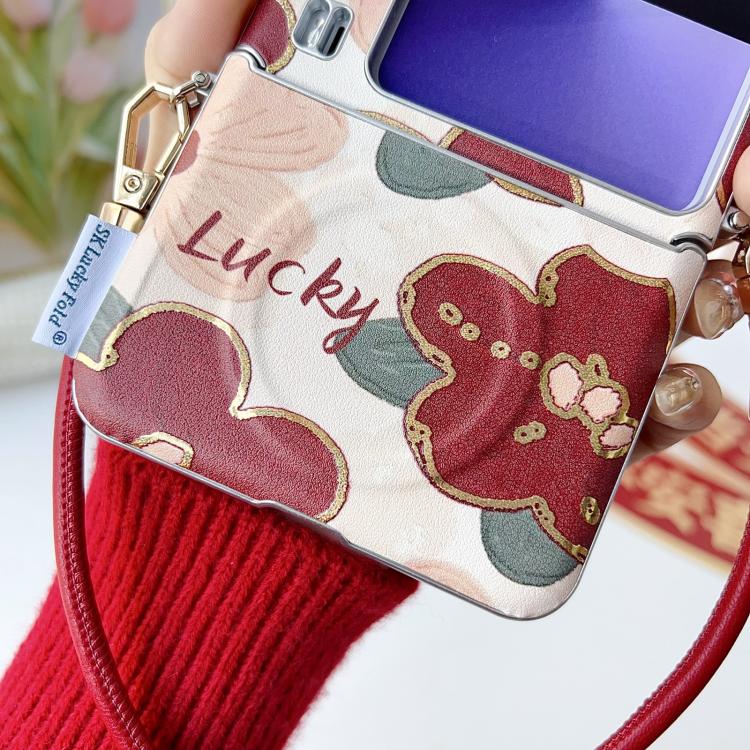 For Huawei Pura X Silver Frame Side Buckle Oil Painting Flower Magnetic Phone Case with Strap - Red