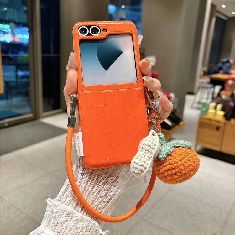 For Samsung Galaxy Z Flip6 5G / Flip7 FE Crocodile Pattern Side Buckle Phone Case with DIY Persimmon Strap - Orange
