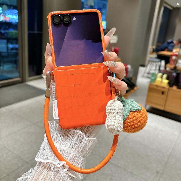For Samsung Galaxy Z Flip5 5G Crocodile Pattern Side Buckle Phone Case with DIY Persimmon Strap - Orange