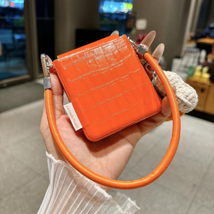 For Samsung Galaxy Z Flip5 5G Crocodile Pattern Side Buckle Phone Case with DIY Persimmon Strap - Orange