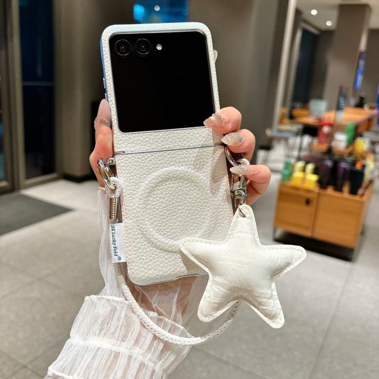 For Motorola Razr 60 / 50 Silver Edged Side Buckle Magnetic Litchi Texture Phone Case with Star Strap