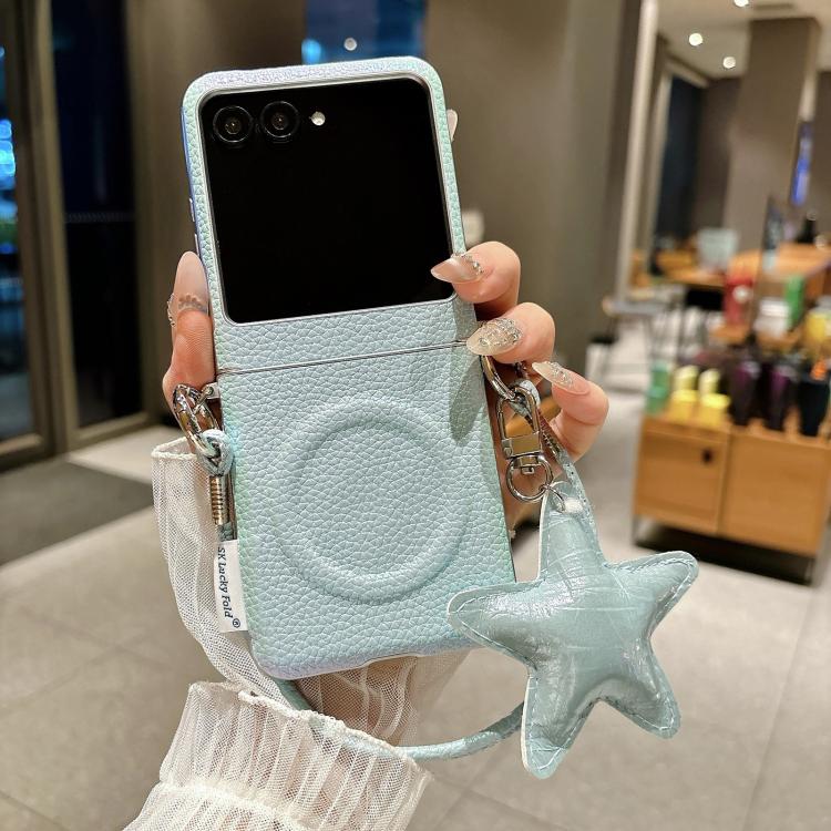 For Motorola Razr 60 / 50 Silver Edged Side Buckle Magnetic Litchi Texture Phone Case with Star Strap