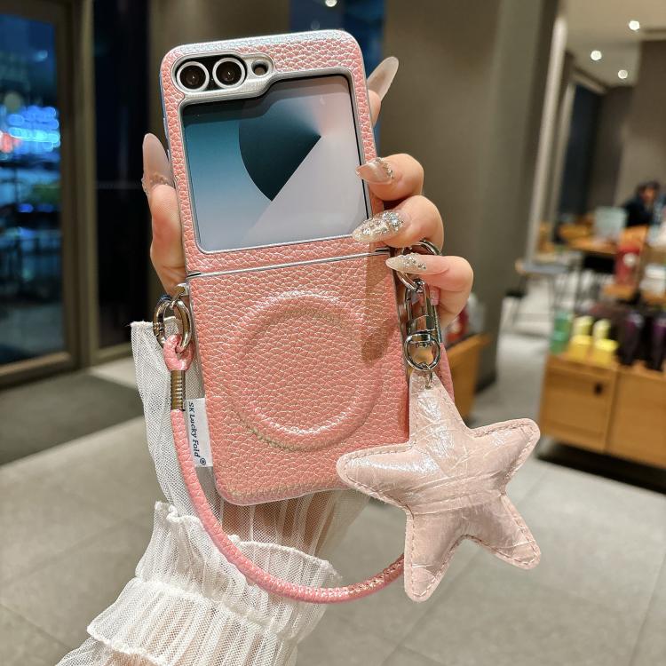 For Samsung Galaxy Z Flip6 5G / Flip7 FE Silver Edged Side Buckle Magnetic Litchi Texture Phone Case with Star Strap
