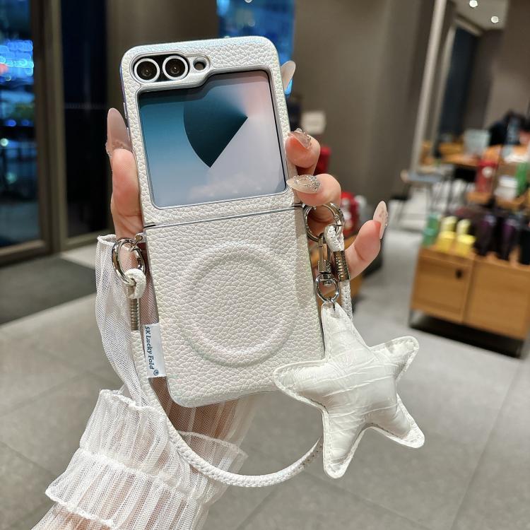 For Samsung Galaxy Z Flip6 5G / Flip7 FE Silver Edged Side Buckle Magnetic Litchi Texture Phone Case with Star Strap
