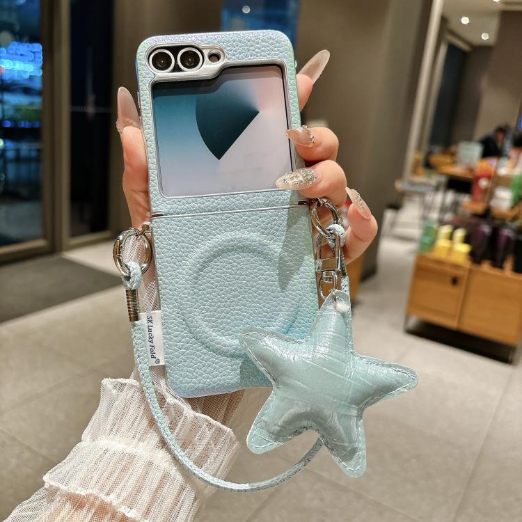 For Samsung Galaxy Z Flip6 5G / Flip7 FE Silver Edged Side Buckle Magnetic Litchi Texture Phone Case with Star Strap