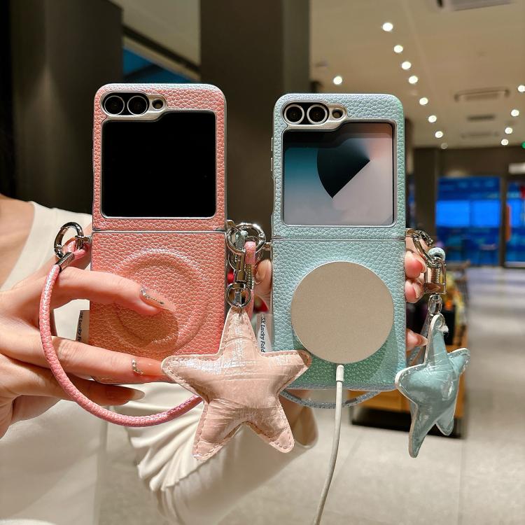 For Samsung Galaxy Z Flip6 5G / Flip7 FE Silver Edged Side Buckle Magnetic Litchi Texture Phone Case with Star Strap