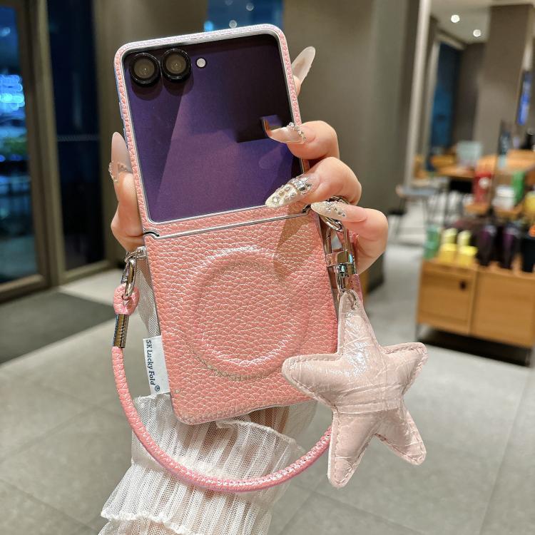 For Samsung Galaxy Z Flip7 5G Silver Edged Side Buckle Magnetic Litchi Texture Phone Case with Star Strap