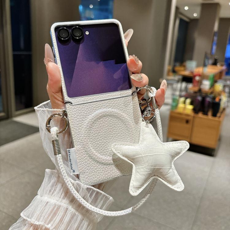 For Samsung Galaxy Z Flip7 5G Silver Edged Side Buckle Magnetic Litchi Texture Phone Case with Star Strap