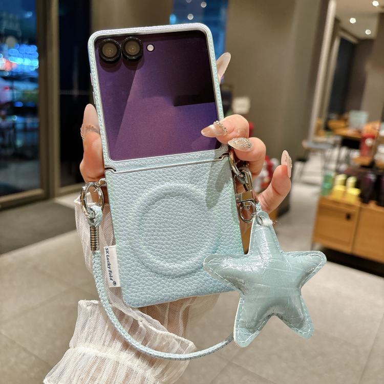 For Samsung Galaxy Z Flip7 5G Silver Edged Side Buckle Magnetic Litchi Texture Phone Case with Star Strap