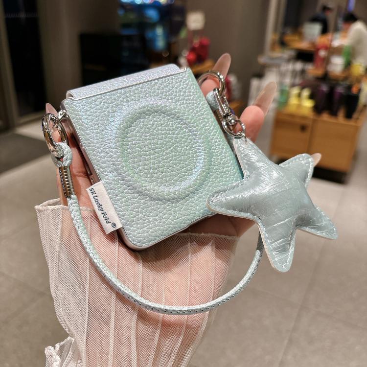 For Samsung Galaxy Z Flip7 5G Silver Edged Side Buckle Magnetic Litchi Texture Phone Case with Star Strap