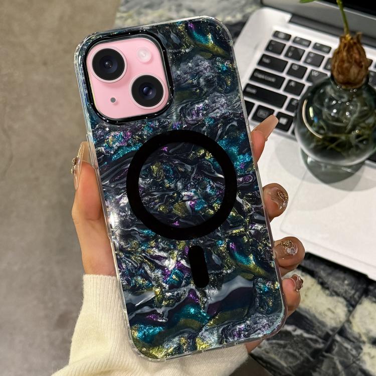 For iPhone 15 Gold-plated Shell Texture Magnetic Phone Case