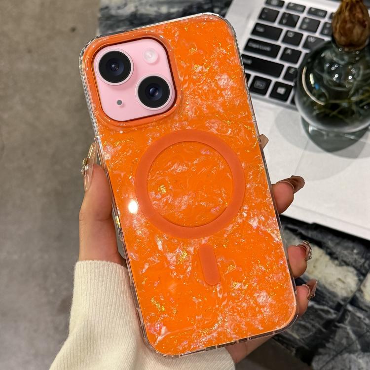 For iPhone 15 Gold-plated Shell Texture Magnetic Phone Case