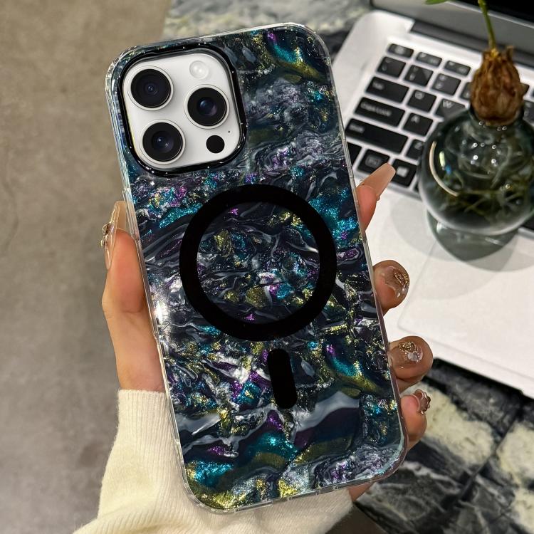 For iPhone 15 Pro Max Gold-plated Shell Texture Magnetic Phone Case