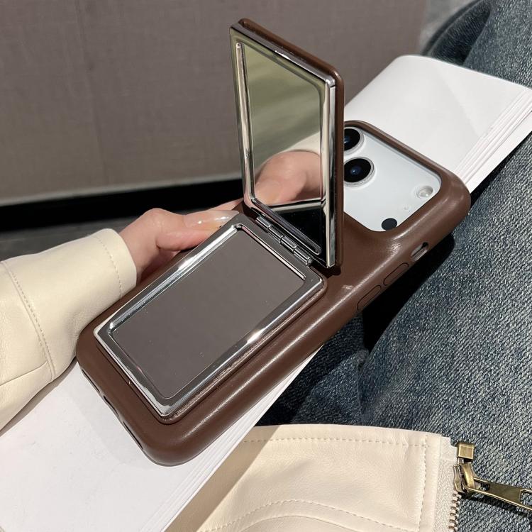 For iPhone 17 Pro Max Lambskin Texture Mirror Holder Shockproof Phone Case - Brown
