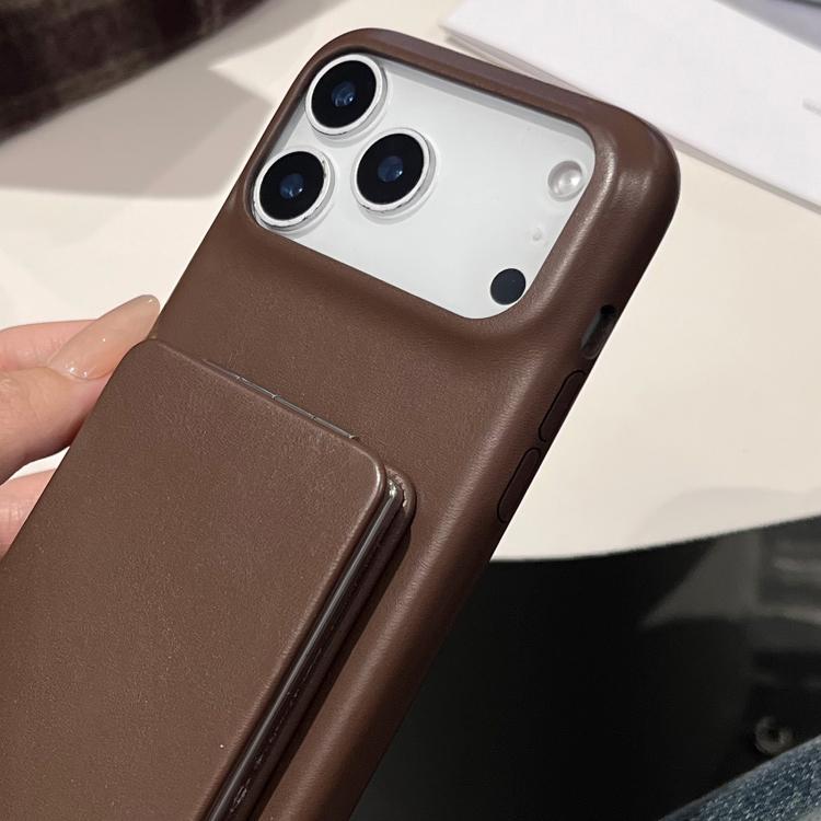 For iPhone 17 Pro Max Lambskin Texture Mirror Holder Shockproof Phone Case - Brown