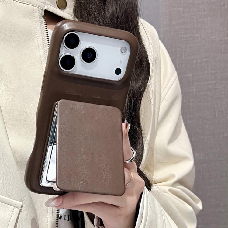 For iPhone 17 Pro Lambskin Texture Mirror Holder Shockproof Phone Case - Brown