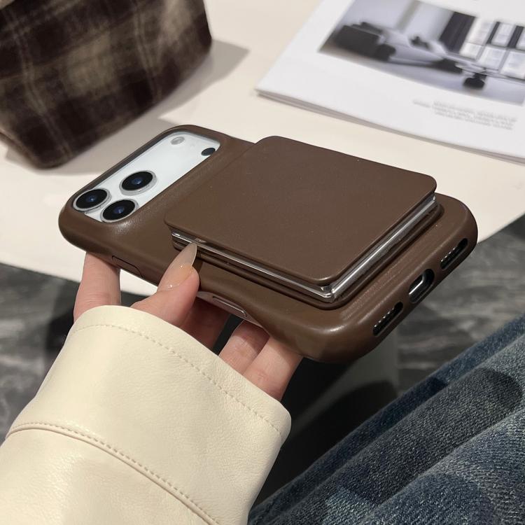 For iPhone 17 Pro Lambskin Texture Mirror Holder Shockproof Phone Case - Brown