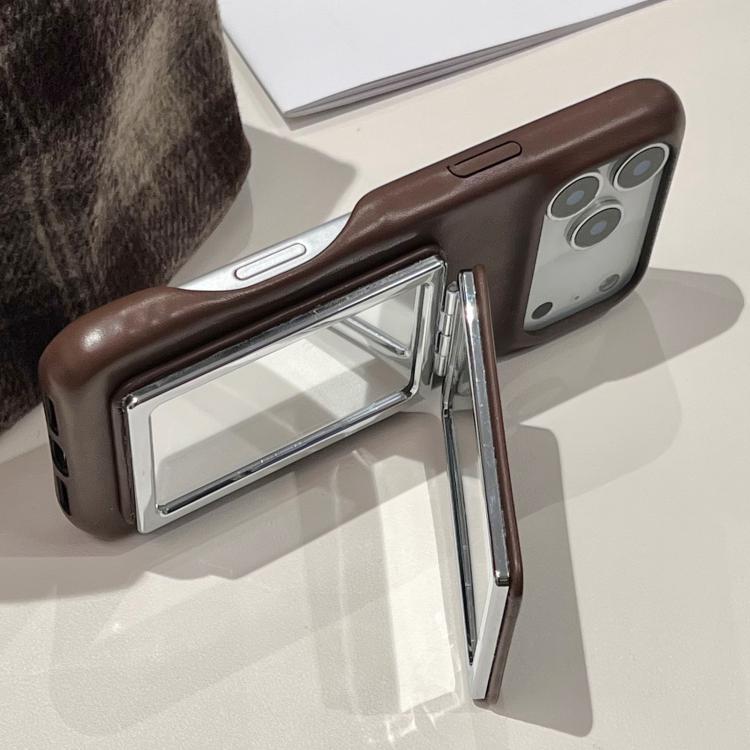For iPhone 17 Pro Lambskin Texture Mirror Holder Shockproof Phone Case - Brown