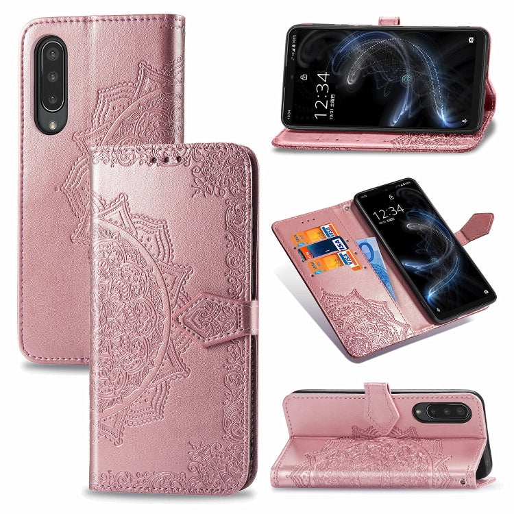 For Sharp Aquos Zero 5G Basic Embossed Mandala Pattern TPU + PU Horizontal Flip Leather Case with Holder & Three Card Slots & Wallet