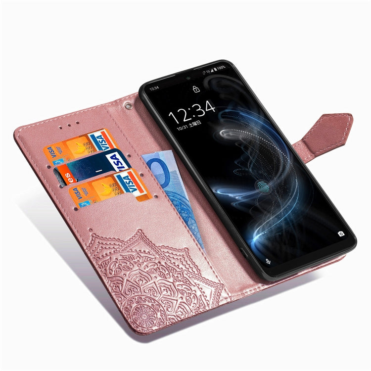 For Sharp Aquos Zero 5G Basic Embossed Mandala Pattern TPU + PU Horizontal Flip Leather Case with Holder & Three Card Slots & Wallet