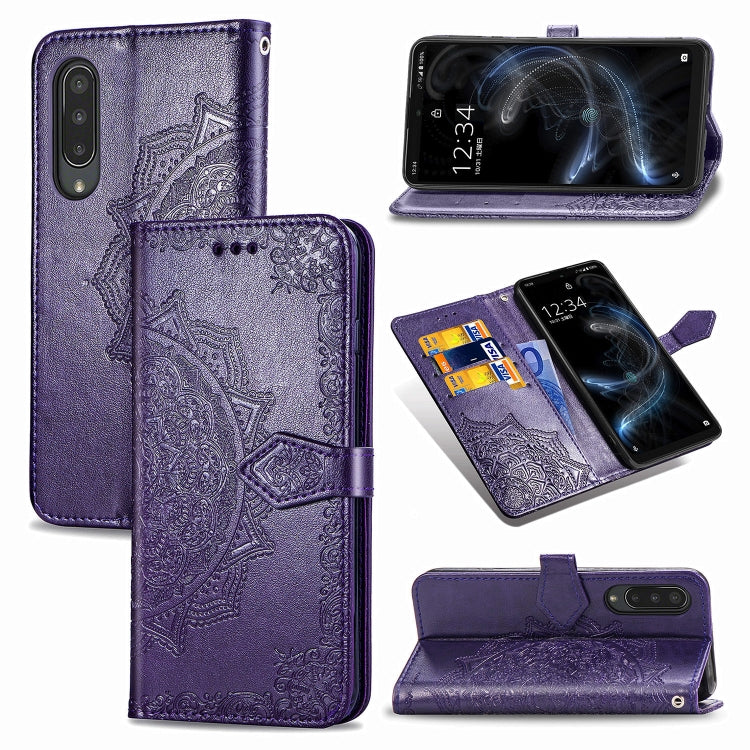 For Sharp Aquos Zero 5G Basic Embossed Mandala Pattern TPU + PU Horizontal Flip Leather Case with Holder & Three Card Slots & Wallet