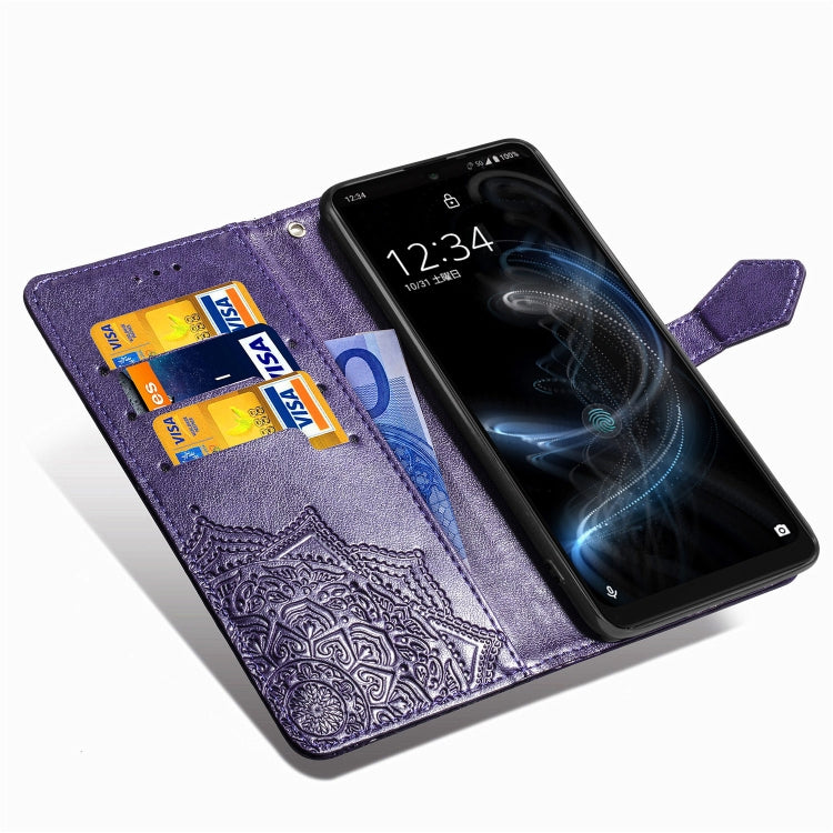 For Sharp Aquos Zero 5G Basic Embossed Mandala Pattern TPU + PU Horizontal Flip Leather Case with Holder & Three Card Slots & Wallet