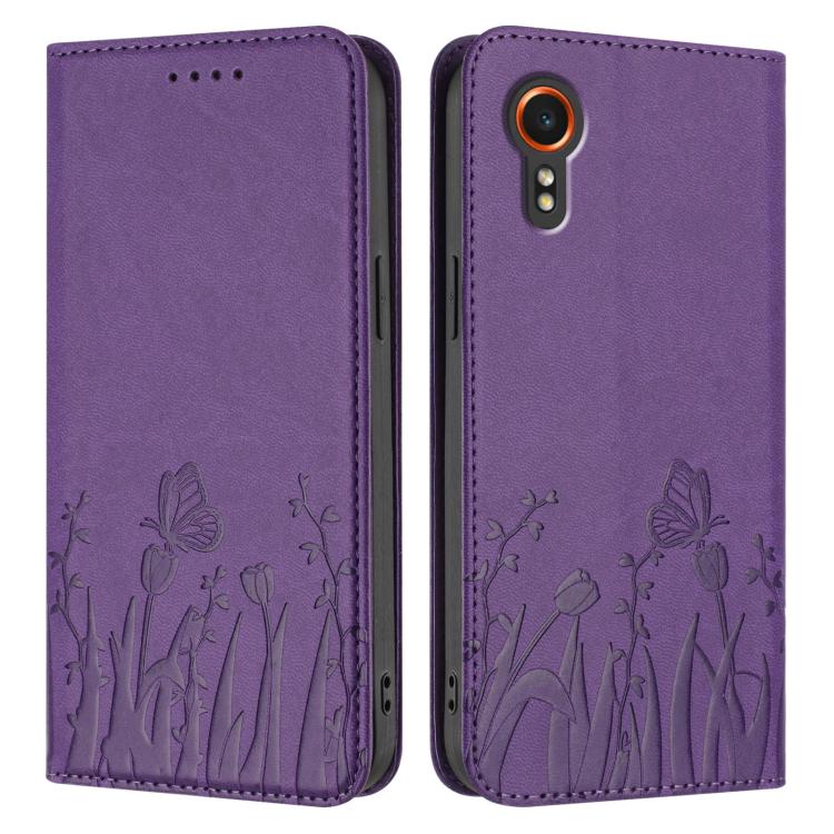 For Samsung Galaxy XCover7 Tulips Butterfly Pattern Magnetic Vegan Leather Phone Case