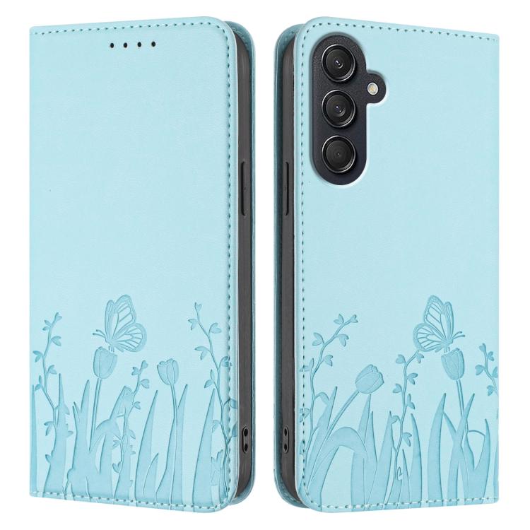 For Samsung Galaxy M55 / C55 Tulips Butterfly Pattern Magnetic Vegan Leather Phone Case