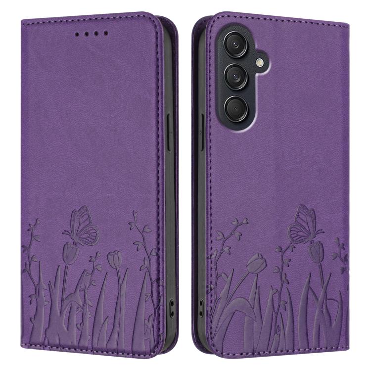 For Samsung Galaxy M55 / C55 Tulips Butterfly Pattern Magnetic Vegan Leather Phone Case