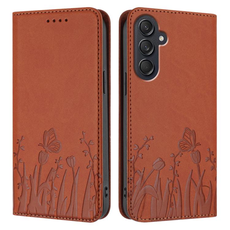 For Samsung Galaxy M55 / C55 Tulips Butterfly Pattern Magnetic Vegan Leather Phone Case