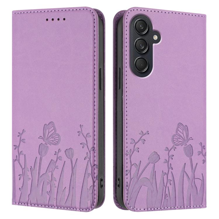 For Samsung Galaxy M55 / C55 Tulips Butterfly Pattern Magnetic Vegan Leather Phone Case