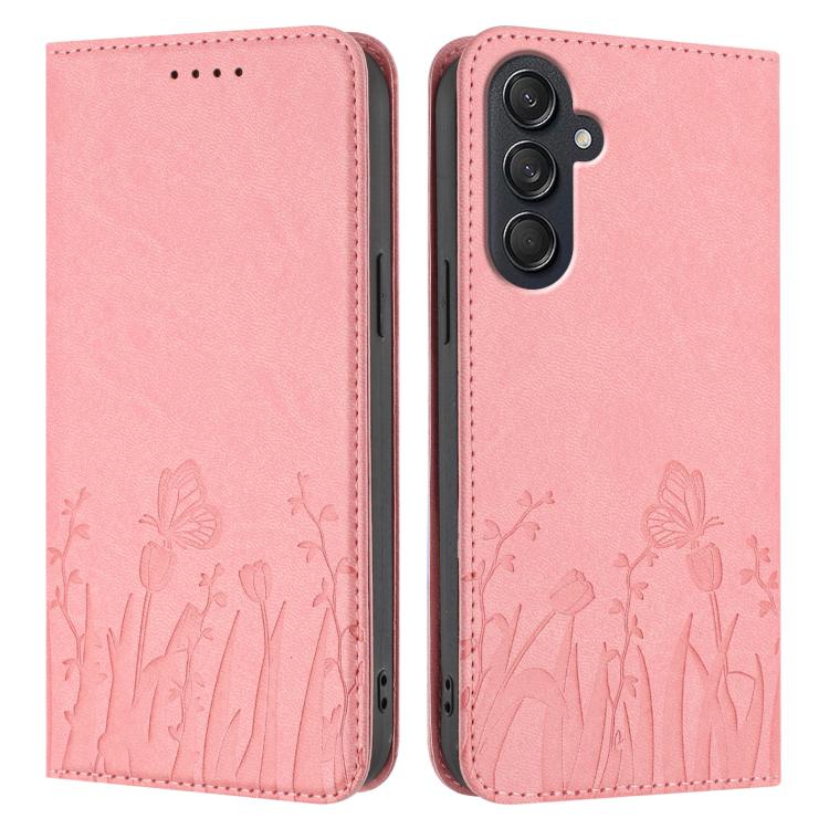 For Samsung Galaxy M55 / C55 Tulips Butterfly Pattern Magnetic Vegan Leather Phone Case