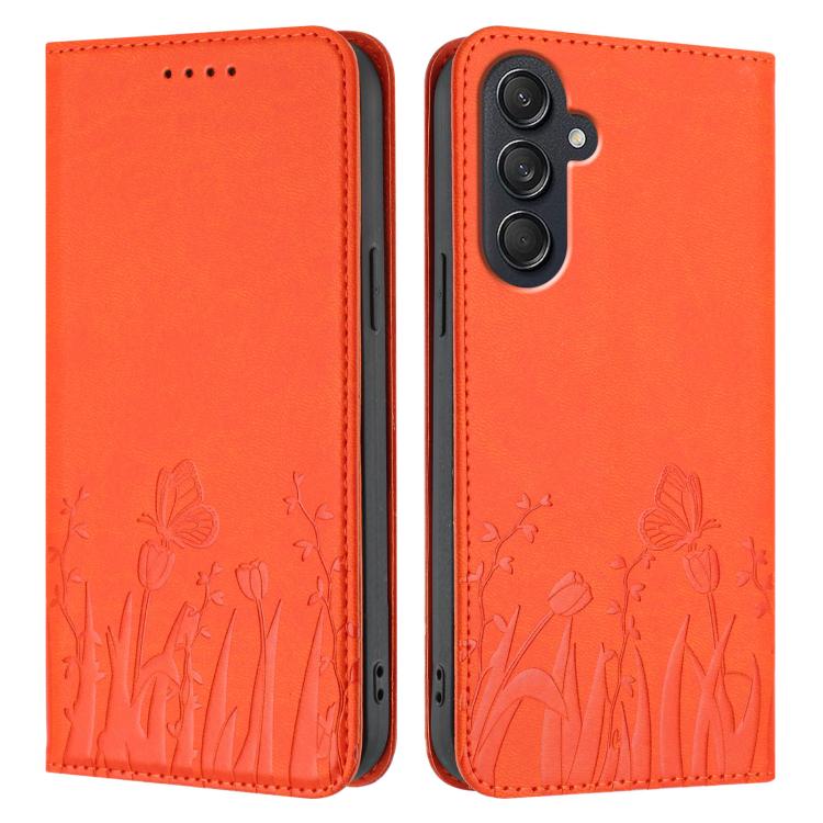 For Samsung Galaxy M55 / C55 Tulips Butterfly Pattern Magnetic Vegan Leather Phone Case