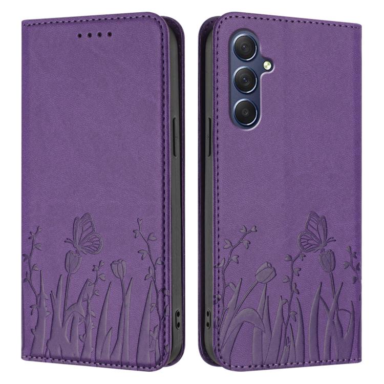 For Samsung Galaxy M54 / F54 Tulips Butterfly Pattern Magnetic Vegan Leather Phone Case