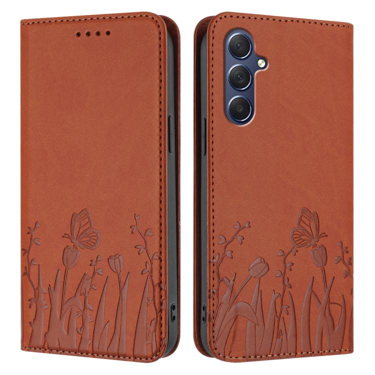 For Samsung Galaxy M54 / F54 Tulips Butterfly Pattern Magnetic Vegan Leather Phone Case