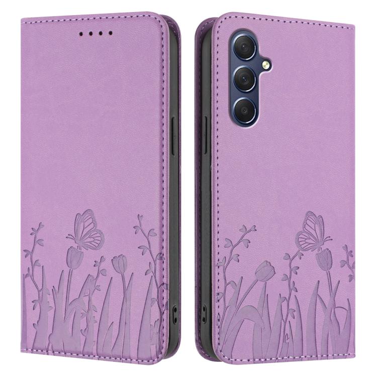For Samsung Galaxy M54 / F54 Tulips Butterfly Pattern Magnetic Vegan Leather Phone Case