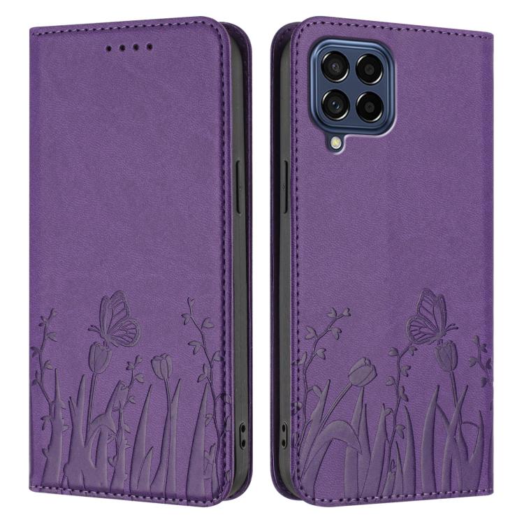 For Samsung Galaxy M53 5G Tulips Butterfly Pattern Magnetic Vegan Leather Phone Case