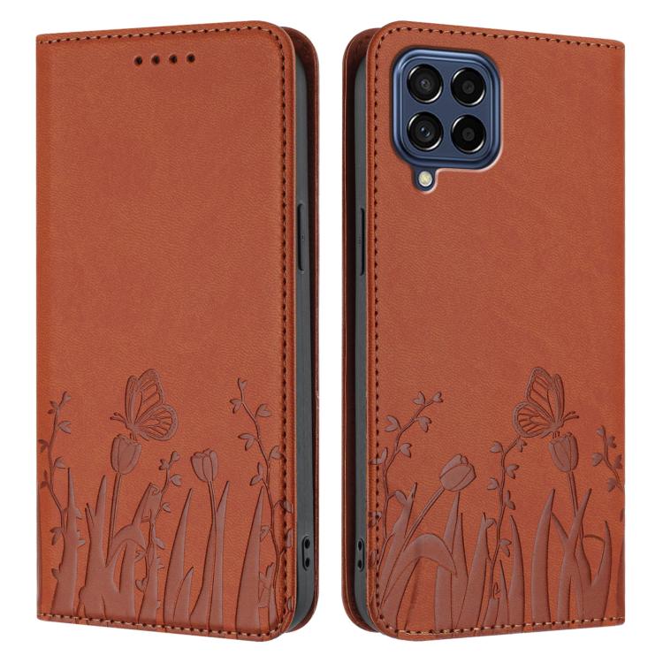 For Samsung Galaxy M53 5G Tulips Butterfly Pattern Magnetic Vegan Leather Phone Case