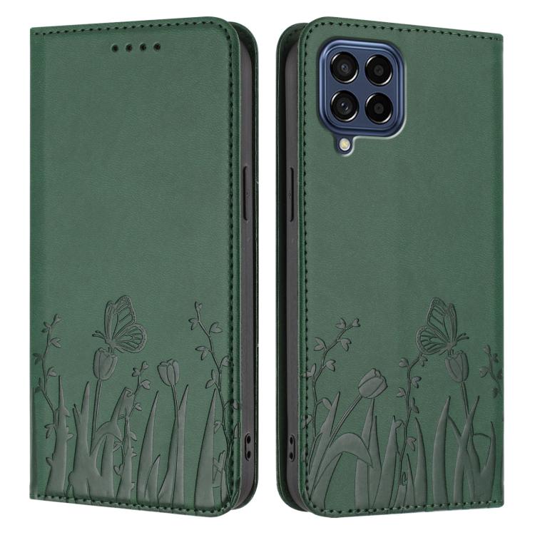 For Samsung Galaxy M53 5G Tulips Butterfly Pattern Magnetic Vegan Leather Phone Case