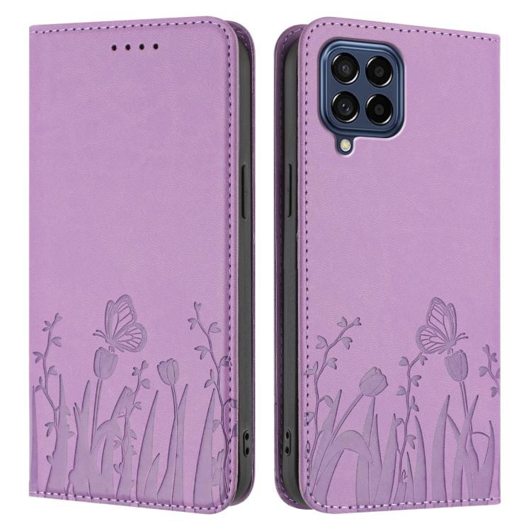 For Samsung Galaxy M53 5G Tulips Butterfly Pattern Magnetic Vegan Leather Phone Case