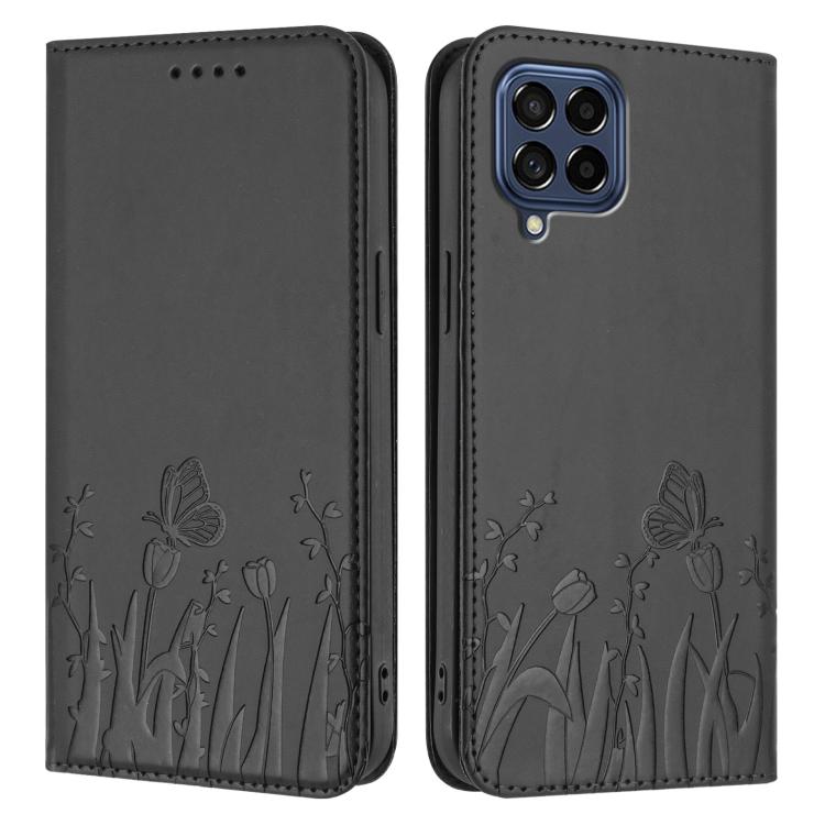 For Samsung Galaxy M53 5G Tulips Butterfly Pattern Magnetic Vegan Leather Phone Case