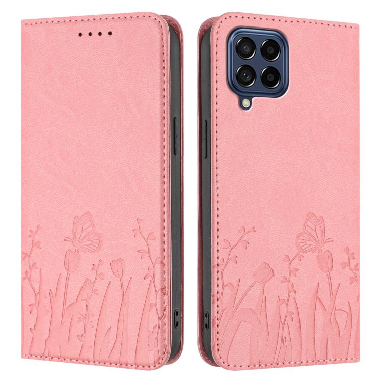 For Samsung Galaxy M53 5G Tulips Butterfly Pattern Magnetic Vegan Leather Phone Case
