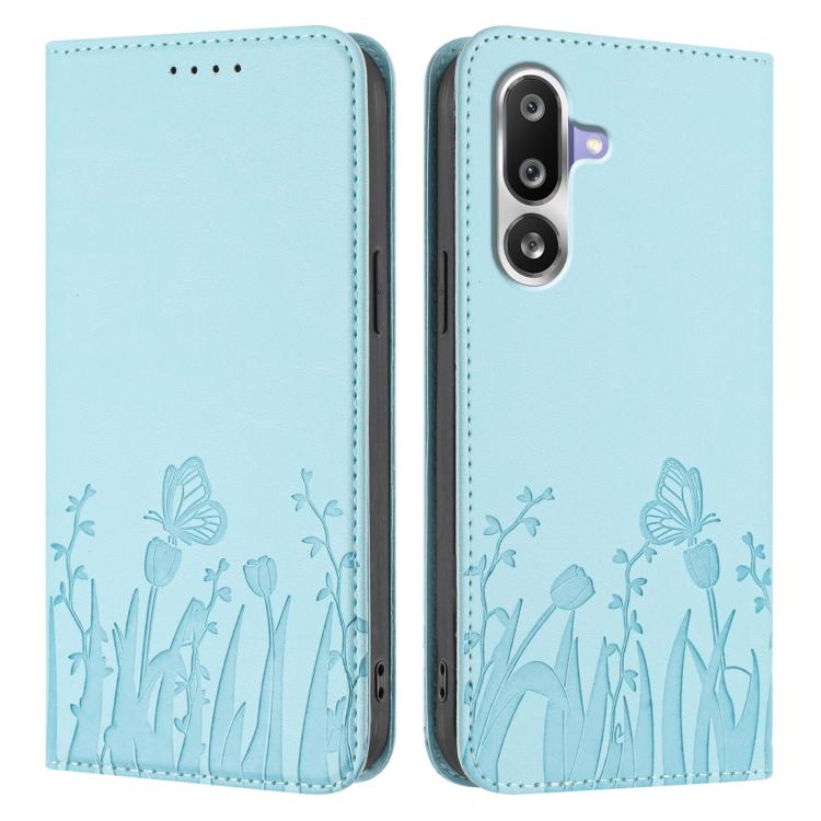 For Samsung Galaxy M36 5G Tulips Butterfly Pattern Magnetic Vegan Leather Phone Case