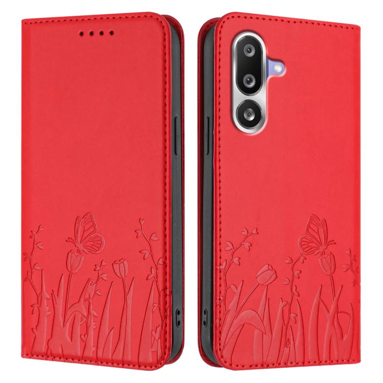 For Samsung Galaxy M36 5G Tulips Butterfly Pattern Magnetic Vegan Leather Phone Case