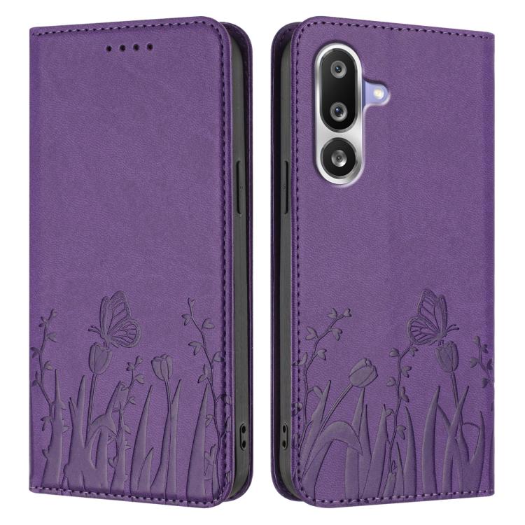 For Samsung Galaxy M36 5G Tulips Butterfly Pattern Magnetic Vegan Leather Phone Case