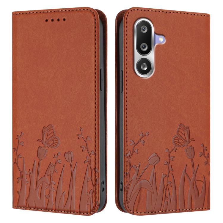 For Samsung Galaxy M36 5G Tulips Butterfly Pattern Magnetic Vegan Leather Phone Case