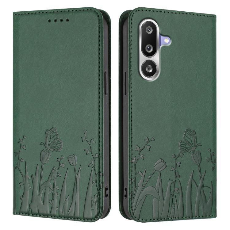 For Samsung Galaxy M36 5G Tulips Butterfly Pattern Magnetic Vegan Leather Phone Case